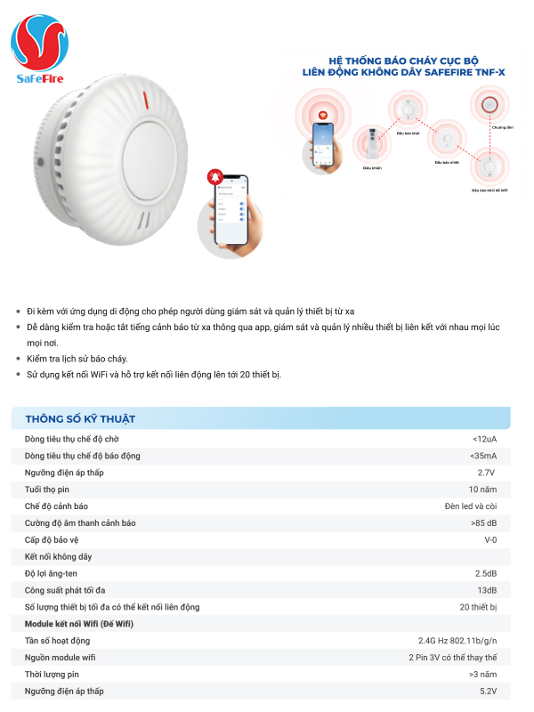 Đầu báo cháy khói liên động không dây kèm đế Wifi SafeFire AJ-760W